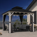 PURPLE LEAF Modern Gazebo Grey Hardtop Galvanized Steel Double Roof White Aluminum Poles with Curtains and Netting with Lights-clear