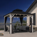 PURPLE LEAF Modern Gazebo Grey Hardtop Galvanized Steel Double Roof White Aluminum Poles with Curtains and Netting with Lights-clear