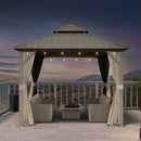 PURPLE LEAF Deck Gazebo Champagne Hardtop Metal Frame Double Roof with Curtains and Netting with Lights-clear