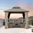 PURPLE LEAF Deck Gazebo Champagne Hardtop Metal Frame Double Roof with Curtains and Netting