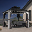 PURPLE LEAF Modern Gazebo Grey Hardtop Galvanized Steel Double Roof White Aluminum Poles with Curtains and Netting with Lights-milky