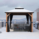 PURPLE LEAF Metal Gazebo Double Roof Wood Grain Aluminum Frame with Curtains and Netting