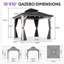 PURPLE LEAF Modern Gazebo Grey Hardtop Galvanized Steel Double Roof White Aluminum Poles with Curtains and Netting with Lights-clear