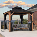 PURPLE LEAF Metal Gazebo Double Roof Wood Grain Aluminum Frame with Curtains and Netting