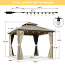 PURPLE LEAF Deck Gazebo Champagne Hardtop Metal Frame Double Roof with Curtains and Netting with Lights-clear