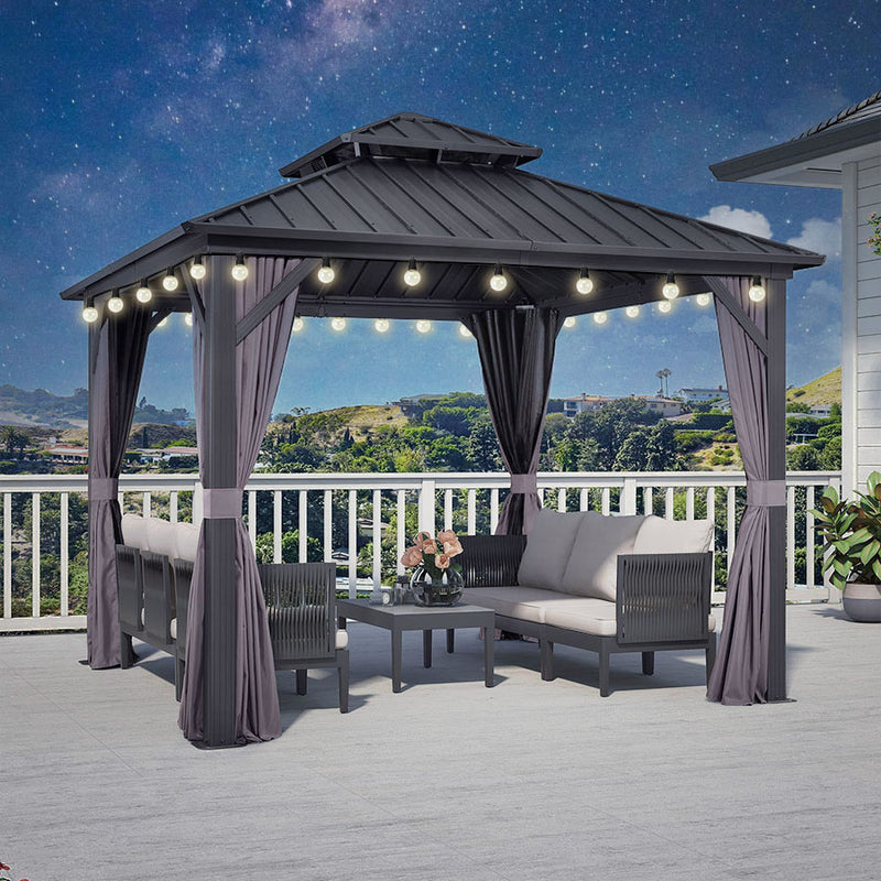 PURPLE LEAF Grey Hardtop Gazebo with Heavy Duty Galvanized Steel Double Roof with String Lights