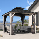 PURPLE LEAF Modern Gazebo Grey Hardtop Galvanized Steel Double Roof White Aluminum Poles with Curtains and Netting with Lights-milky