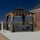 PURPLE LEAF Metal Gazebo Double Roof Wood Grain Aluminum Frame with Curtains and Netting with Lights-clear