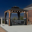 PURPLE LEAF Metal Gazebo Double Roof Wood Grain Aluminum Frame with Curtains and Netting with Lights-milky