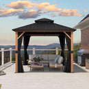 PURPLE LEAF Metal Gazebo Double Roof Wood Grain Aluminum Frame with Curtains and Netting
