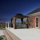 PURPLE LEAF Metal Gazebo Double Roof Wood Grain Aluminum Frame with Curtains and Netting with Lights-clear