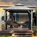 PURPLE LEAF Deck Gazebo Champagne Hardtop Metal Frame Double Roof with Curtains and Netting