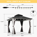 PURPLE LEAF Modern Gazebo Grey Hardtop Galvanized Steel Double Roof White Aluminum Poles with Curtains and Netting with Lights-milky