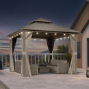 PURPLE LEAF Deck Gazebo Champagne Hardtop Metal Frame Double Roof with Curtains and Netting with Lights-milky