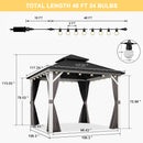 PURPLE LEAF Modern Gazebo Grey Hardtop Galvanized Steel Double Roof White Aluminum Poles with Curtains and Netting with Lights-clear