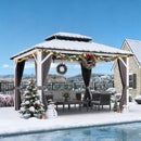 PURPLE LEAF Modern Gazebo Grey Hardtop Galvanized Steel Double Roof White Aluminum Poles with Curtains and Netting