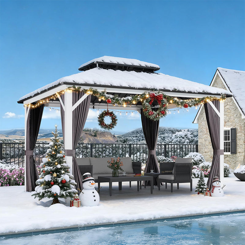 PURPLE LEAF Modern Gazebo Grey Hardtop Galvanized Steel Double Roof White Aluminum Poles with Curtains and Netting