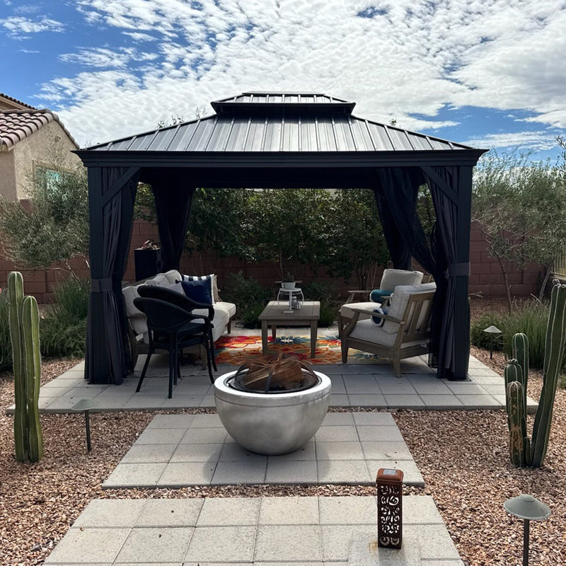 PURPLE LEAF Patio Gazebo for Backyard Grey Hardtop Galvanized Steel Roof Awning with String Lights-clear