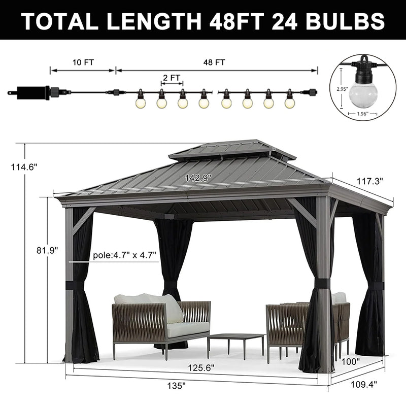 PURPLE LEAF Patio Gazebo for Pool Light Grey Hardtop Galvanized Steel Roof with String Lights