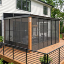 PURPLE LEAF Wall Mounted Sunroom Galvanized Steel Sloped Roof Lean-to Enclosed Aluminum Grey Frame Wood Grain Columns for Outdoor Home Extension