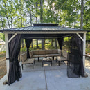 PURPLE LEAF Patio Hardtop Gazebo for Outdoor Grey Galvanized Steel Double Roof White Aluminum Poles with Curtains and String Lights-milky
