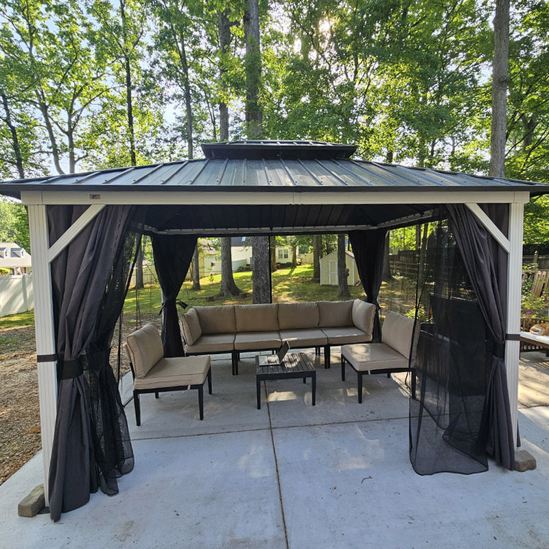 PURPLE LEAF Patio Hardtop Gazebo for Outdoor Grey Galvanized Steel Double Roof White Aluminum Poles with Curtains and String Lights-milky