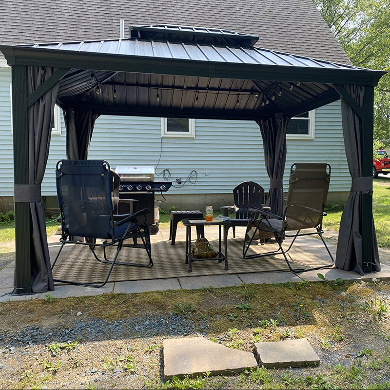 PURPLE LEAF Patio Gazebo for Backyard Grey Hardtop Galvanized Steel Roof Awning with Upgrade Curtain