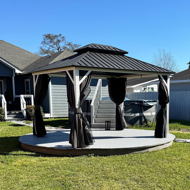 PURPLE LEAF Patio Hardtop Gazebo for Outdoor Grey Galvanized Steel Double Roof White Aluminum Poles with Curtains and Netting
