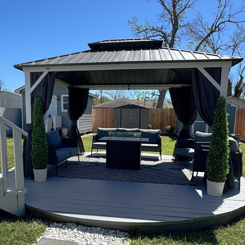 PURPLE LEAF Patio Hardtop Gazebo for Outdoor Grey Galvanized Steel Double Roof White Aluminum Poles with Curtains and String Lights-milky