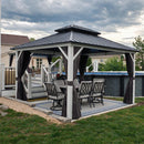 PURPLE LEAF Modern Gazebo Grey Hardtop Galvanized Steel Double Roof White Aluminum Poles with Curtains and Netting with Lights-milky