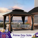PURPLE LEAF Metal Gazebo Double Roof Wood Grain Aluminum Frame with Curtains and Netting