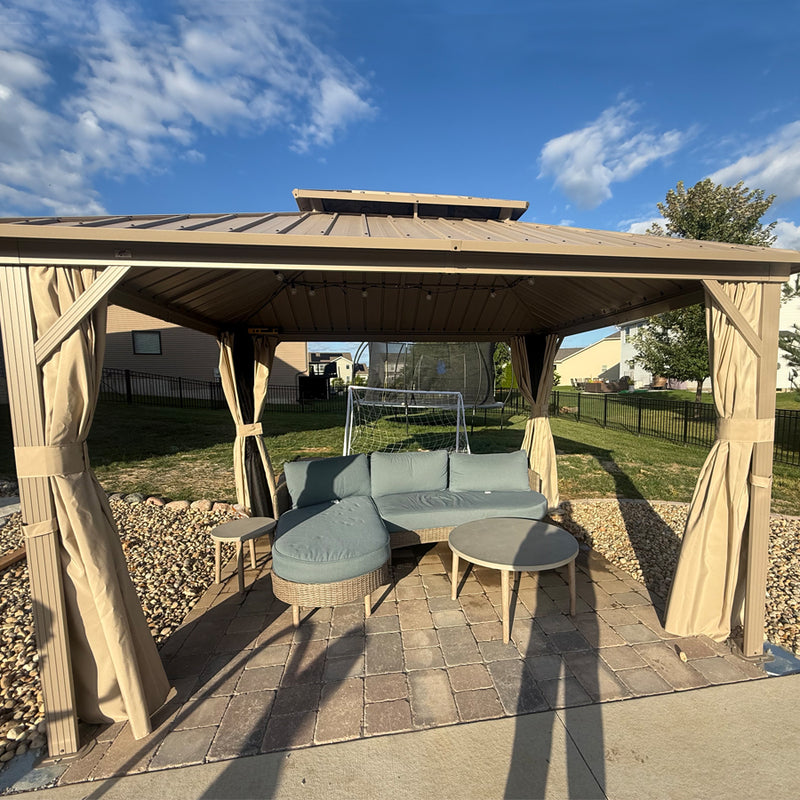 PURPLE LEAF Outdoor Hardtop Gazebo Champagne Metal Frame Galvanized Steel Double Roof with Curtains and Netting for Poolside with Lights-clear
