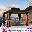 PURPLE LEAF Metal Gazebo Double Roof Wood Grain Aluminum Frame with Curtains and Netting
