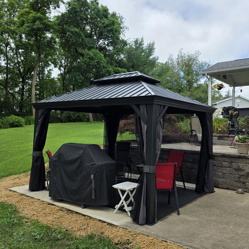 PURPLE LEAF Patio Gazebo for Backyard Grey Hardtop Galvanized Steel Roof Awning with Upgrade Curtain