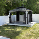 PURPLE LEAF Modern Gazebo Grey Hardtop Galvanized Steel Double Roof White Aluminum Poles with Curtains and Netting with Lights-clear