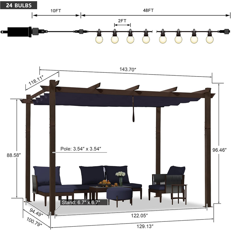 PURPLE LEAF Pergola Outdoor Retractable Metal Pergola with Canopy Patio Pergola with Shade Cover for Garden With Lights