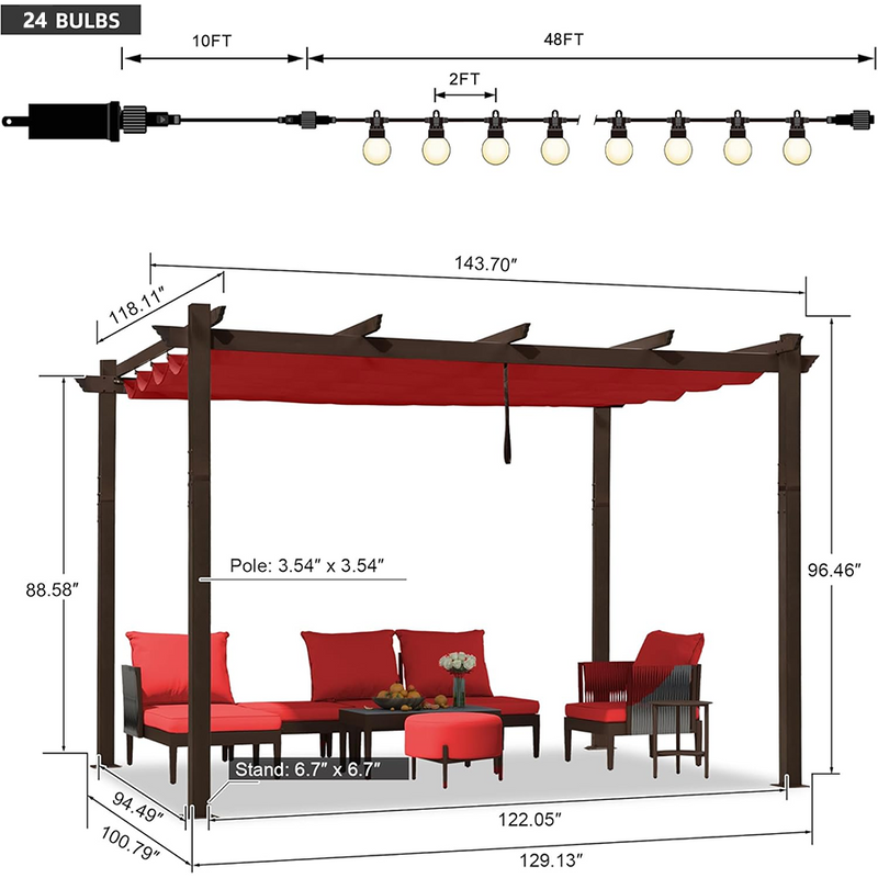 PURPLE LEAF Pergola Outdoor Retractable Metal Pergola with Canopy Patio Pergola with Shade Cover for Garden With Lights