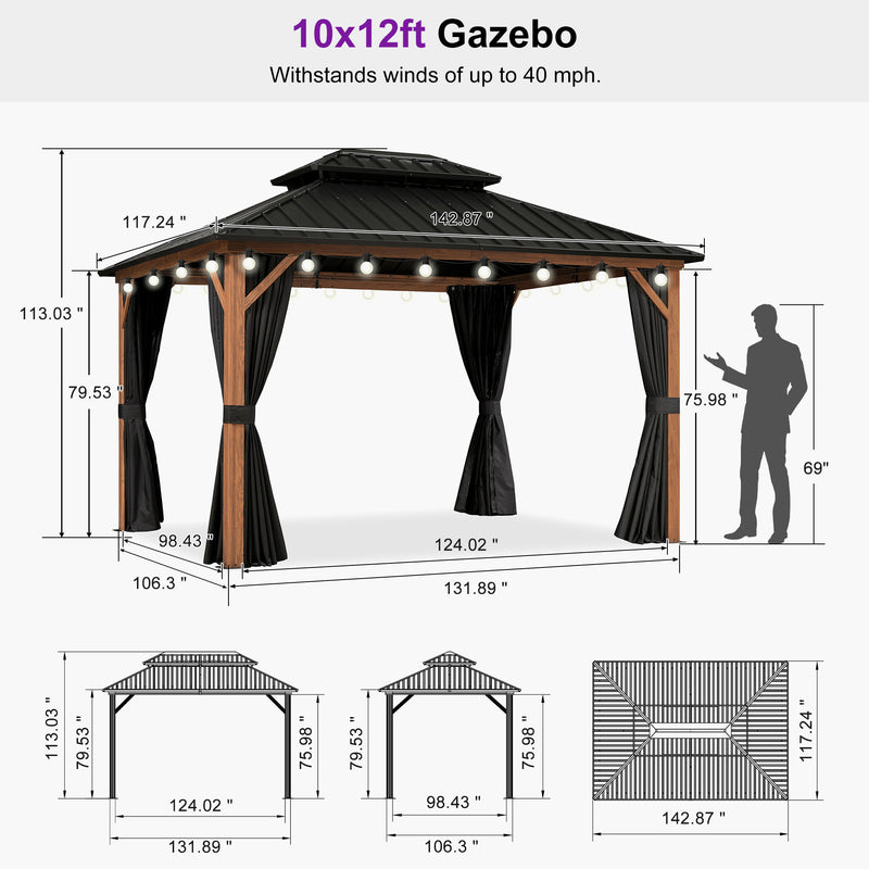 PURPLE LEAF Metal Gazebo Double Roof Wood Grain Aluminum Frame with Curtains and Netting with Lights-milky