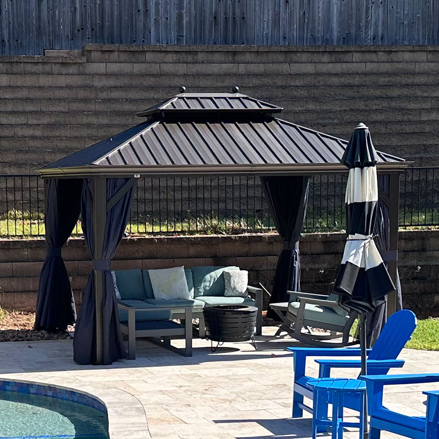 Bronze Aluminum Frame Hardtop Gazebo | Navy Curtains