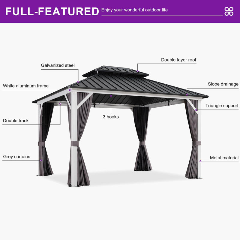 PURPLE LEAF Patio Hardtop Gazebo for Outdoor Grey Galvanized Steel Double Roof White Aluminum Poles with Curtains and Netting