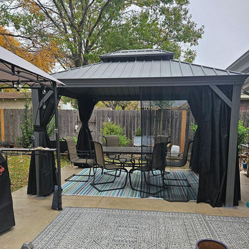 Grey Hardtop Gazebo with String Lights Galvanized Steel