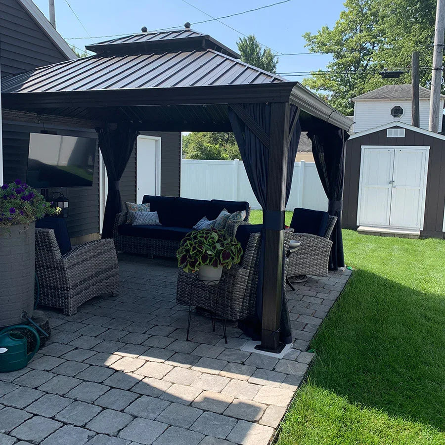 Bronze Aluminum Frame Hardtop Gazebo | Navy Curtains