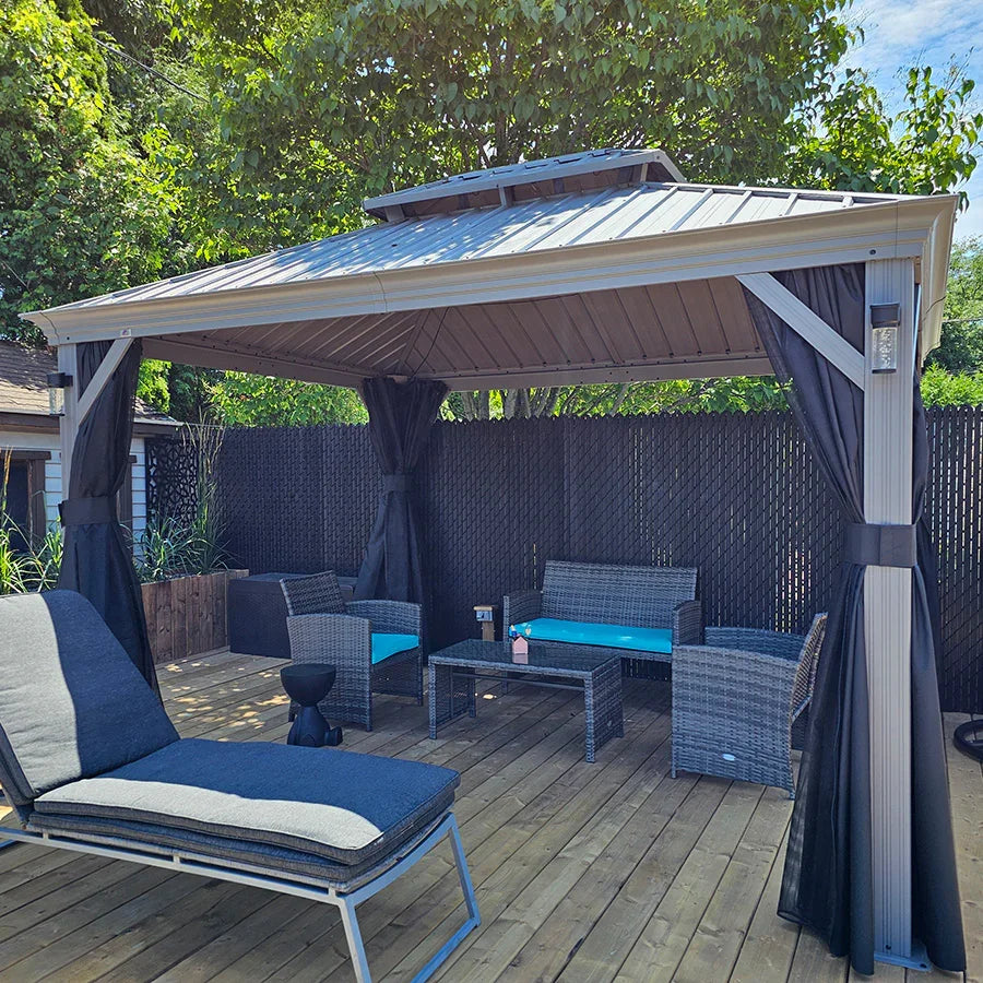 Light Grey Hardtop Patio Gazebo with Curtains | PURPLE LEAF
