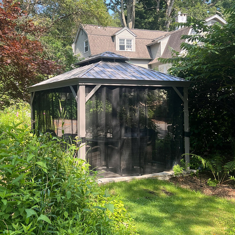 PURPLE LEAF Patio Gazebo for Pool Light Grey Hardtop Galvanized Steel Roof with Upgraded Curtains