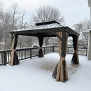 PURPLE LEAF Outdoor Hardtop Gazebo for Garden Bronze Double Roof Aluminum Frame Pavilion with String Lights-milky