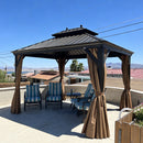 PURPLE LEAF Outdoor Hardtop Gazebo for Garden Bronze Double Roof Aluminum Frame Pavilion with String Lights-milky