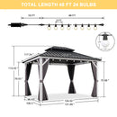 PURPLE LEAF Patio Hardtop Gazebo for Outdoor Grey Galvanized Steel Double Roof White Aluminum Poles with Curtains and String Lights-milky