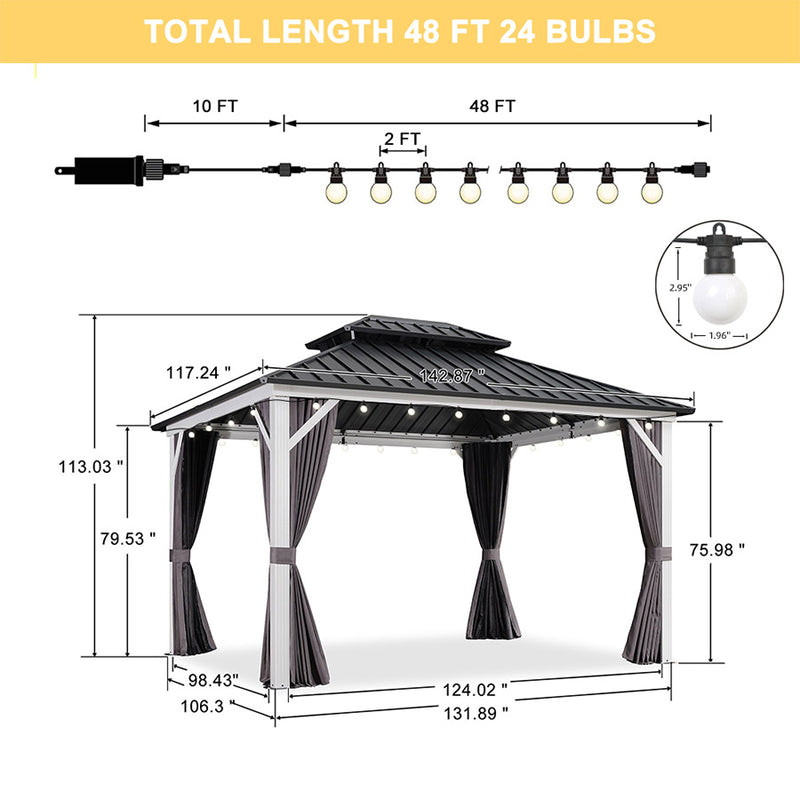 PURPLE LEAF Patio Hardtop Gazebo for Outdoor Grey Galvanized Steel Double Roof White Aluminum Poles with Curtains and String Lights-milky