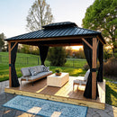 PURPLE LEAF Metal Gazebo Double Roof Wood Grain Aluminum Frame with Curtains and Netting with Lights-clear