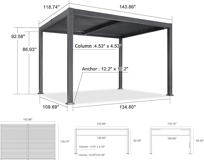 PURPLE LEAF 10' × 12' Outdoor Louvered Pergola Patio Sun Shade Shelter with Adjustable Hardtop Patio Pergola Grey